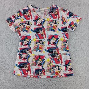 Wonder Woman DC Comics Scrub Top XS Multicolor Comic Print V-Neck SLL27700TC